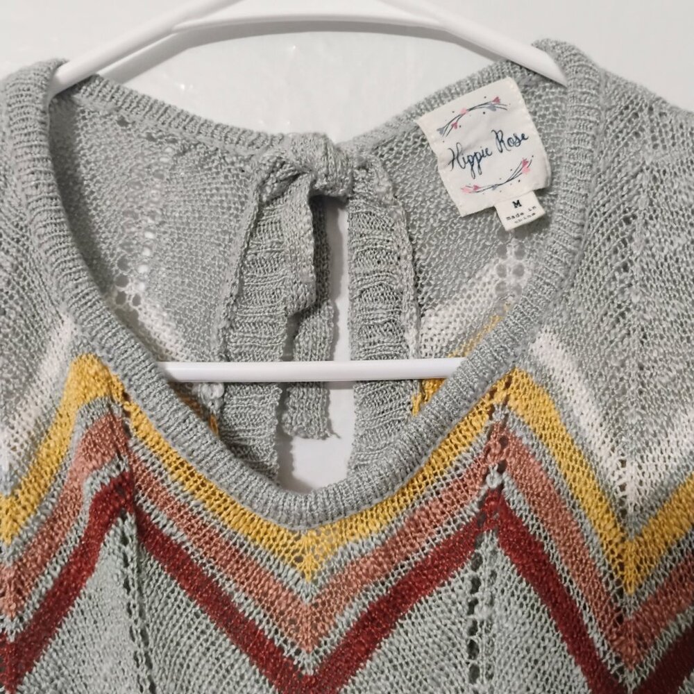 Hippie Rose Chevron Knit Sweater Gray Multi Tie Back Size M - Picture 2 of 4